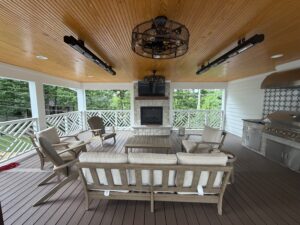 outdoor fireplace with TV, fans and outdoor heaters