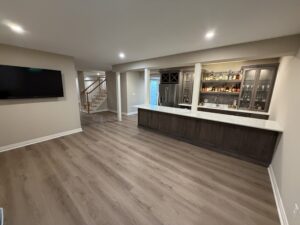 finished basement with kitchenette and bar with lighted shelving