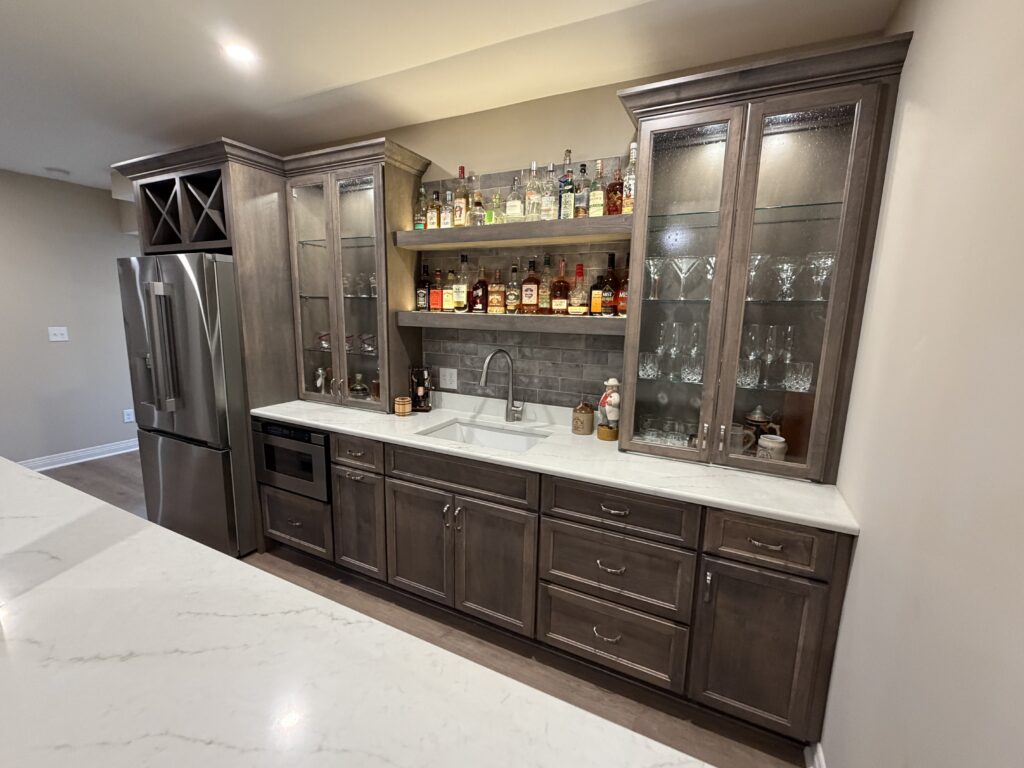 basement bar with bottle lighting